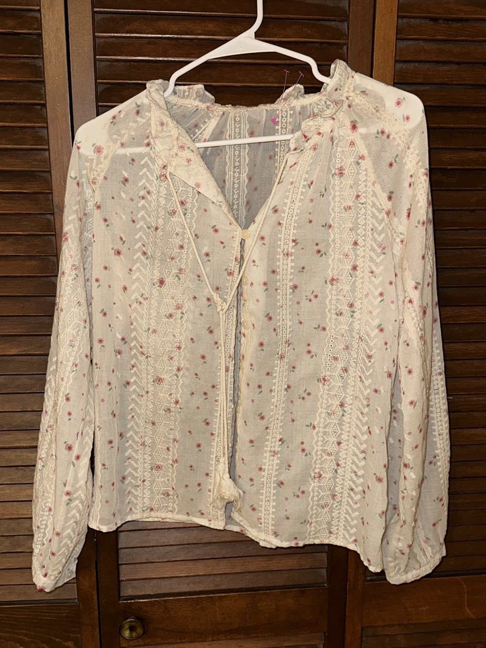 Women’s Cream Floral Lace-Trim Blouse - Lightweight Boho Top